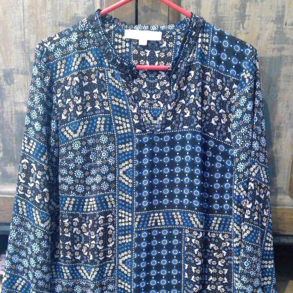 New LOFT Womens Blue Floral Ruffle Neck Bohemian Style Long Sleeve Top-Small